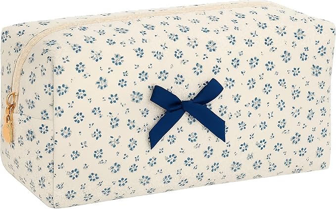 Floral Quilted Cotton Makeup Bag for Women, Large Capacity Travel Cosmetic Pouch with Zipper, Cute Toiletry & Brush Organizer, Kawaii Makeup Storage Case – Navy Floral