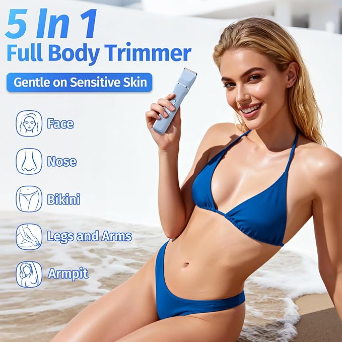 Bikini Trimmer for Women,5-in-1 Electric Razors for Women,IPX7 Waterproof Trimmer with 5 Replaceable Blade Heads（Blue）