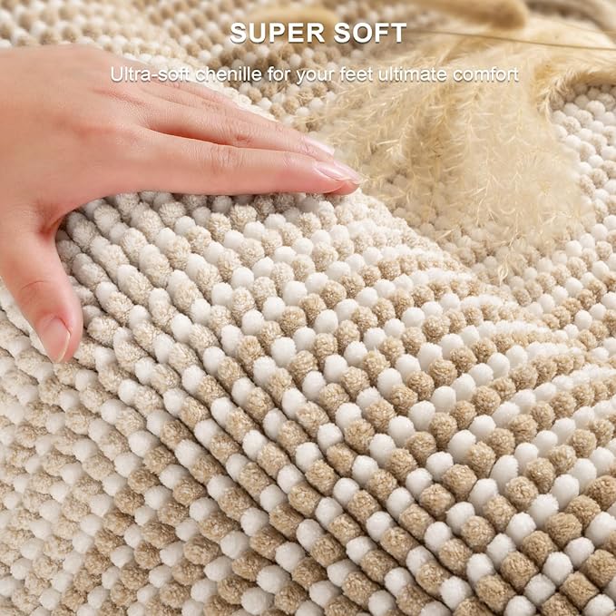 BSICPRO Bathroom Rugs and Mats Sets, 2 Piece Thick Absorbent Chenille Bath Mat Rug Set Non Slip, Soft Shaggy Bath Room Floor Mats for Bathroom, Machine Washable (Beige, 20" x 60" Plus 20" x 32")
