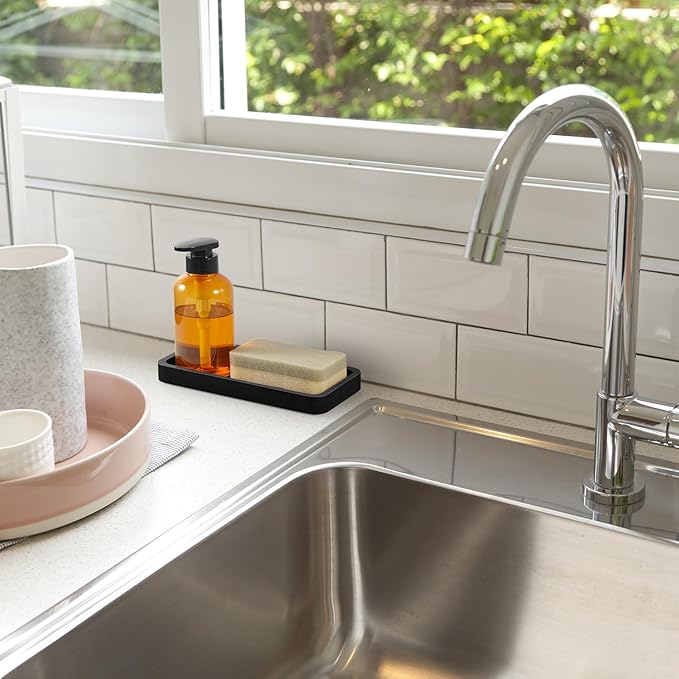 ALELION 8" Bathroom Vanity Tray for Counter - Wood Tray for Dresser Tops Perfume Jewelry Candle Key Catchall - Black Kitchen Countertop Organizer for Soap Dispenser and Sponge Holder
