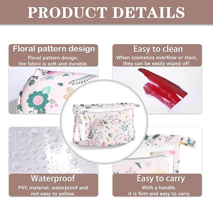 Richeart Makeup Bag, Clear Bag with Zipper, 3PC Floral Flowers Makeup Pouch, Waterproof Small Pouch, Portable Travel Toiletry Bag, C