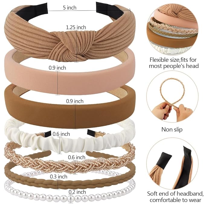 AHONEY 7 Pack Headbands for Women Girls Headbands Trendy Non Slip Hairbands Fashion Hair Accessories Multi-style Headband Pack Diademas Para Mujer (Neutral)
