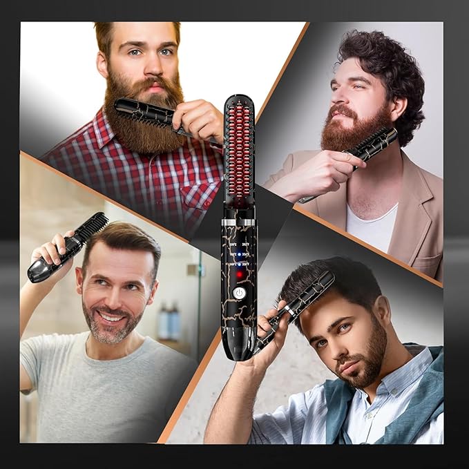 Beard Straightener for Men, Cordless Heated Beard Brush, Portable Beard Hot Combs, Ionic Mini Hair Straightener with 3 Temp Settings, Coarse Curly Hair Brush, Grooming Kit for Men