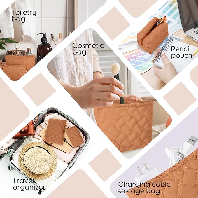 2 Pc Christmas Gift Makeup Bag Set Cute Quilted Cosmetic Pouch for Women Travel Toiletry Bag Preppy Small Makeup Purse Pouch Skincare Brushes Storage Organizer Pencil Case Set(Brown)