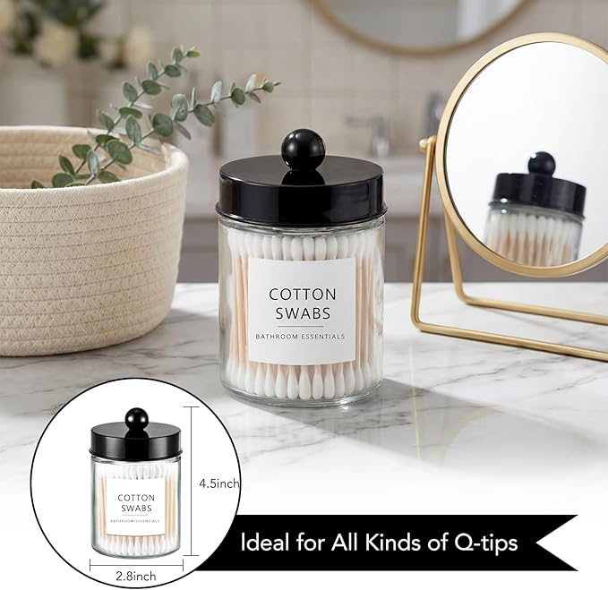 Amolliar 2 Pack Qtips Dispenser Holder - Bathroom Countertop Storage Organizer Containers - Glass Apothecary Jars with Black Plastic Lid for Q-tips Cotton Balls, Swabs, Round Pads, Floss
