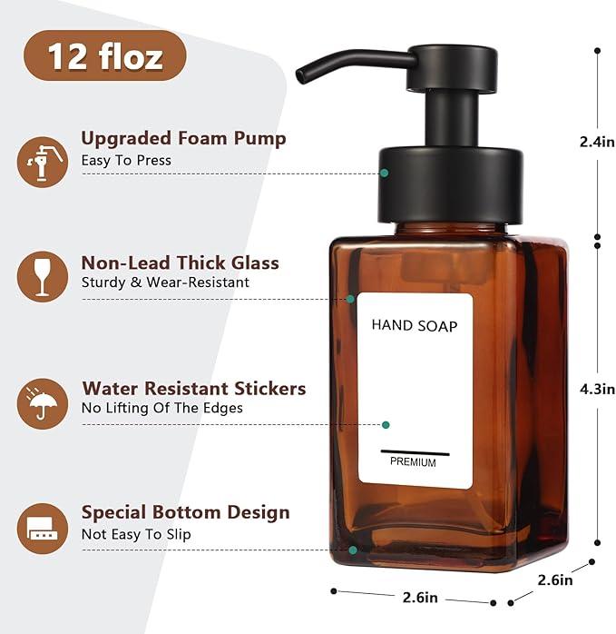 Foaming Hand Soap Dispenser 2 Pack, 12oz/350ml Amber Glass Foaming Soap Dispenser Set with Stainless Steel Pump, Square Refillable Foam Pump Bottles for Bathroom&Kitchen,Includes 6 Labels