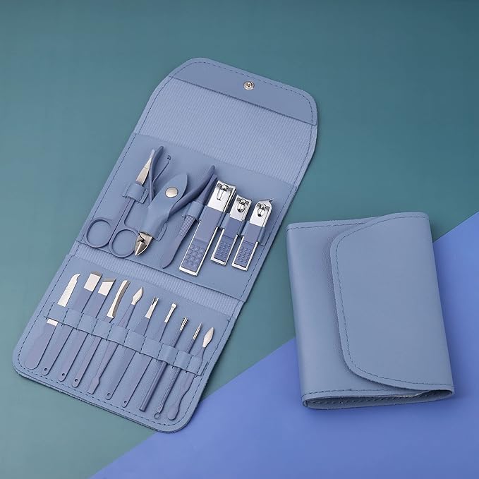 Manicure Set, Nail Clippers, Pedicure Kit, 16 in 1 Professional Grooming Kit Stainless Steel, Nail Toenail Scissors Tools with Luxurious Leather Travel Case for Men Women Blue Upgraded Version