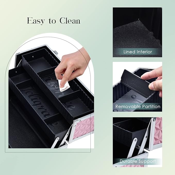 Joligrace Makeup Train Case Professional Cosmetic Organizer Aluminum Storage Box with 4 Adjustable Dividers Trays Lockable Portable with Shoulder Strap