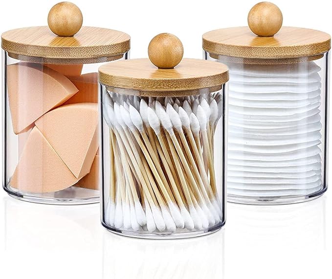 3PCS Acrylic Qtip Dispensers Holders With Wood lid, Clear Bathroom Round Countertop Storage Organizer Canister for Cotton Balls,Swabs,Pads,Bath Salts ,Makeup Sponges,Tooth Floss