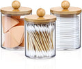 3PCS Acrylic Qtip Dispensers Holders With Wood lid, Clear Bathroom Round Countertop Storage Organizer Canister for Cotton Balls,Swabs,Pads,Bath Salts ,Makeup Sponges,Tooth Floss