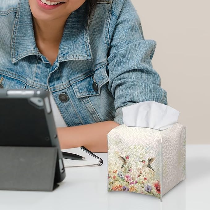 Bird Flowers Luxury Tissue Box Cover, Elegant PU Leather Square Tissue Case with Metal Button, Waterproof and Dustproof Napkin Holder for Home Decoration, Office, and Car Accessories