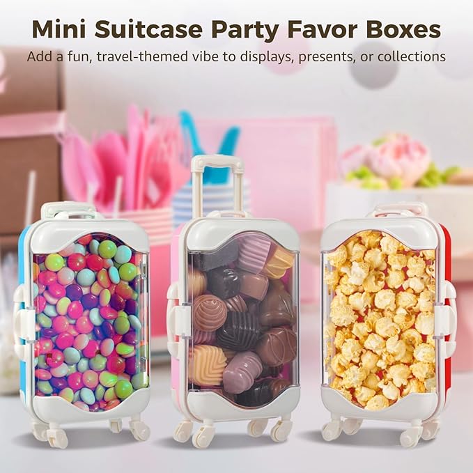 12 PCS Mini Suitcase Party Favor Boxes, Assorted Color Luggage Trolley Candy Box, Clear Small Suitcase Present Package Case, Rolling Empty Storage Box for Jewelry False Eyelash