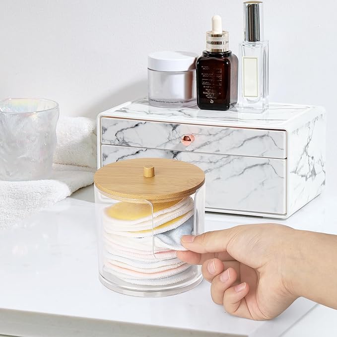 Tbestmax Plastic Cotton Round Holder and Dispenser, Clear Bathroom Organizer Storage for Cotton Pads - Bamboo Lids