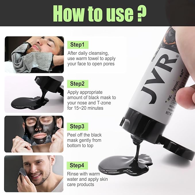 JVR Peel Off Face Mask, Charcoal Peel Off Black Mask, Facial Mask for Surface Cleansing For Men & Women, All Skin Types 2.12 OZ