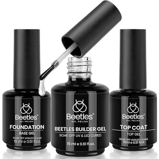 Beetles 3Pcs 15ml Builder Nail Gel with No Wipe Top Coat Gel Nail Polish and Base Coat Set for Nails Shine Finish and Long Lasting Nail Protection UV/LED Lamp Needed Gifts for Women
