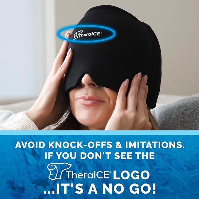 TheraICE Migraine Relief Cap | Soothing Headache Hat Ice Pack Mask | Face Cold Compress Cooling Gel Head Wrap Products for her Sinus Tension Stress Hangover & Puffy Eyes | Great Birthday Gift for Mom