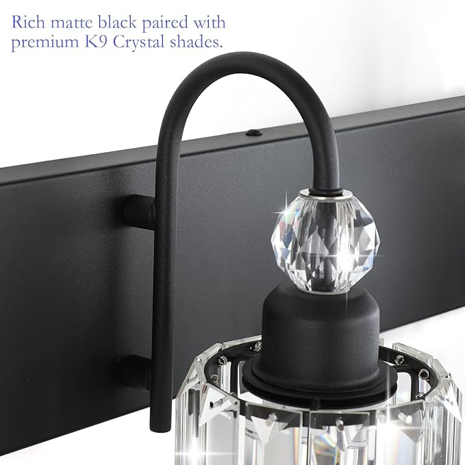 Ralbay Modern Black Vanity Light - 4-Light Crystal Bathroom Wall Light Fixtures in Matte Black