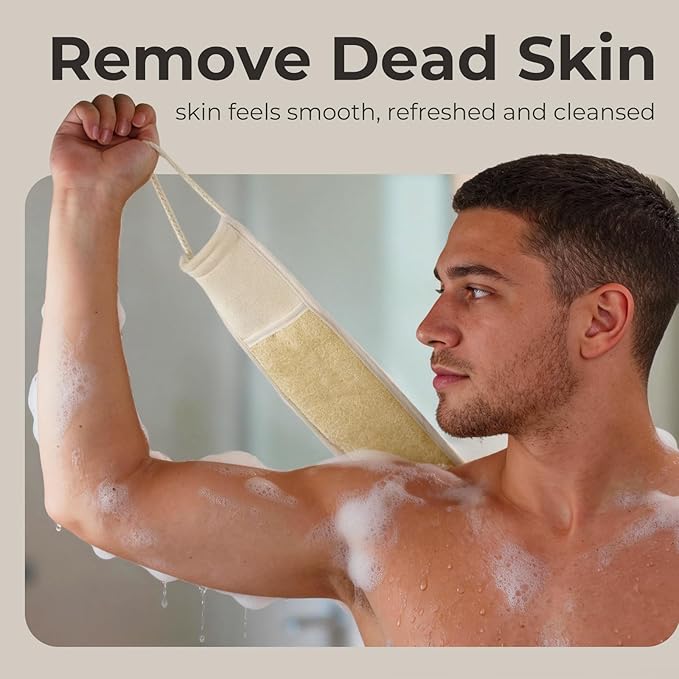 Natural Loofah Back Scrubber, Double-Sided Exfoliating Body Scrubber with Handy Strap for Deep Cleaning, Durable Bath Shower Luffa Sponges for Men and Women (Beige)