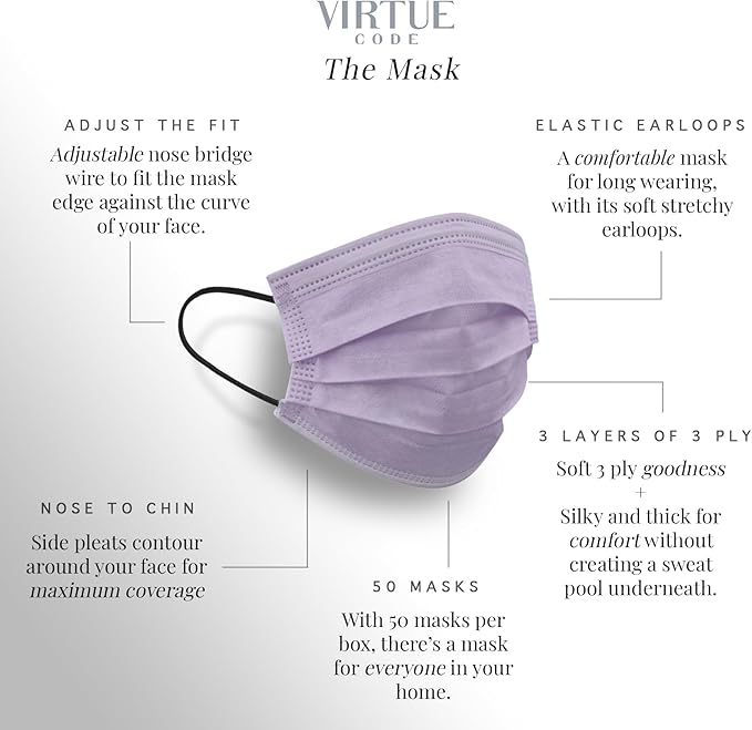 VIRTUE CODE Support Face Masks - Soft 3 Ply Comfort, Colorful Disposable 50 Pack. Pastel Colored for Adults, Men and Women