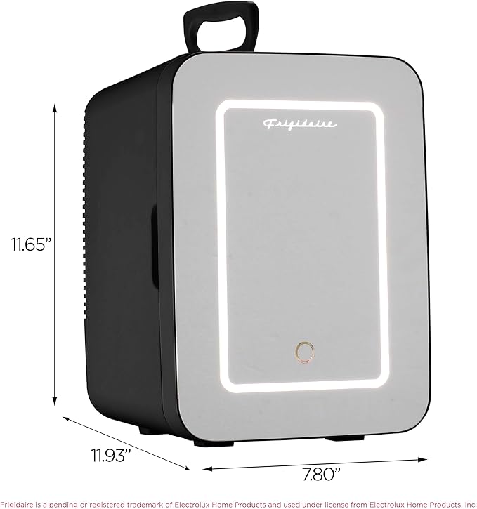 Frigidaire Mini Personal Fridge Cooler, LED Lighted Mirror, 6.5L Capacity, 9 Cans, 100% Freon-Free & Eco Friendly, for Makeup, Skincare, Portable, Black