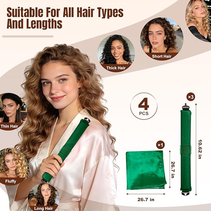 TULOBI 3 Pcs Heatless Curls Overnight - Upgraded Velvet Heatless Hair Curler with Velcro Fastener, Overnight Jumbo Blowout Rods, Hair Curlers to Sleep in for All Hair Types (Green)
