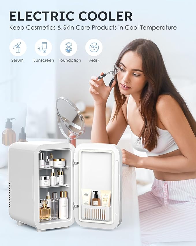 Skincare Fridge with Glass Panel, 6L Mini Fridge for Home/Car, AC/DC Portable Thermoelectric Cooler and Warmer, Makeup Mini Compact Refrigerator for Skincare Cosmetics Food Drinks (White)