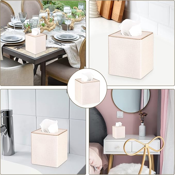 Sumnacon Square Linen Tissue Box Cover - Stylish Cube Tissue Box Holder with Magnetic Bottom, Decorative Tissue Box for Vanity Toilet Tank Dresser Night Stand Table Countertop Office Car, Beige