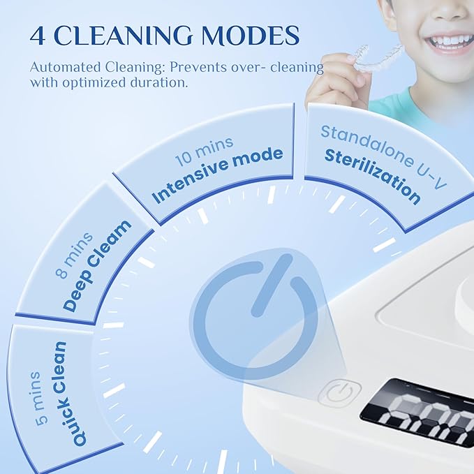 Portable Ultrasonic Retainer Cleaner, 42kHz High-Frequency, 4 Modes, IPX7 Waterproof Detachable Tank SUS304 Stainless Steel for Travel & Home Use, Fits Full Dentures