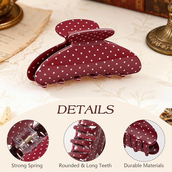 2 Pack Medium Hair Clips for Women, Strong Hold Recycled Plastic Claw Clips for Thick Hair Polka Dot | Great for Updo Half Up Hairstyle | Ideal Gifts for Women - Red and Beige Holiday Gift