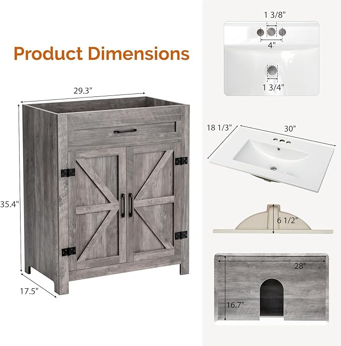 VINGLI 30" Farmhouse Bathroom Vanity with Sink, Undermount Vanity Sink Cabinet with Barn Door &Shelf,Free Standing Small Bathroom Storage Cabinet with 3 Holes Ceramic Basin Combo Set,Washed Gray