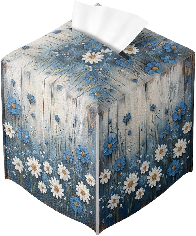 White Flowers Daisy Tissue Box Cover Rustic Floral Wooden Country Leather Tissue Box Holder Square Facial Paper Organizer Dispenser for Car Bathroom Bedroom Office Tabletop Decor