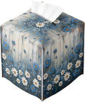 White Flowers Daisy Tissue Box Cover Rustic Floral Wooden Country Leather Tissue Box Holder Square Facial Paper Organizer Dispenser for Car Bathroom Bedroom Office Tabletop Decor