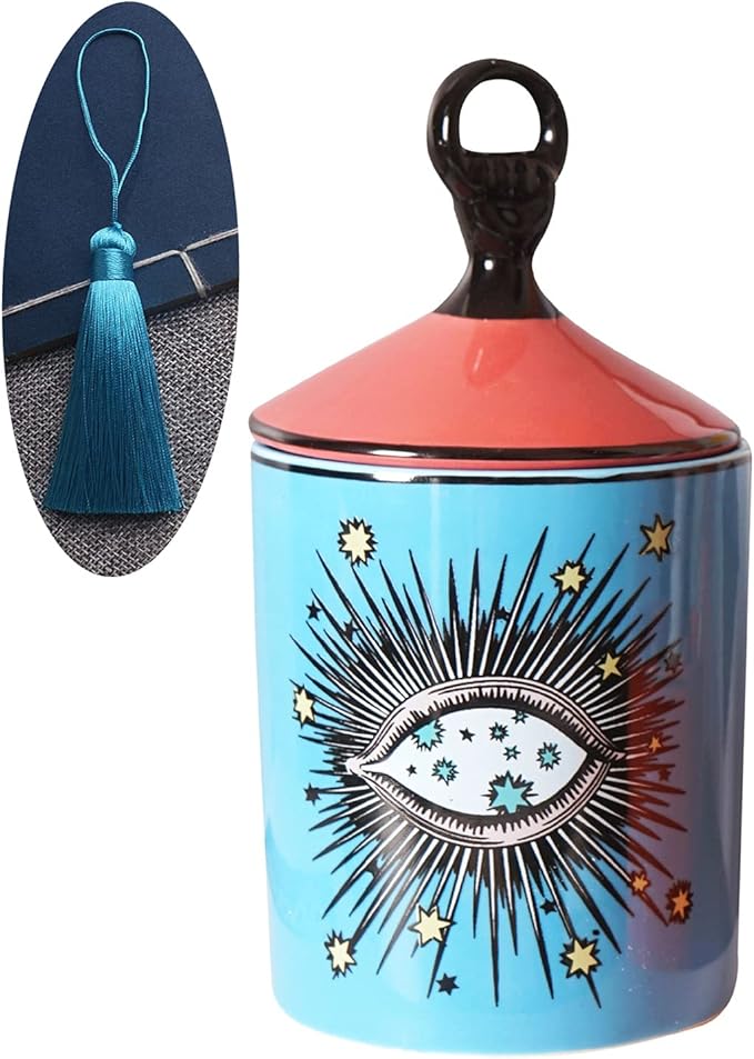 Big Eye Starry Sky Aromatherapy Candle Jar with Lid Ceramic Makecup Cotton Swab Holder Home Deocrative Bottler, Home Fireplace Kitchen Dining Decor for Living Room Knick Knacks Candle Holders