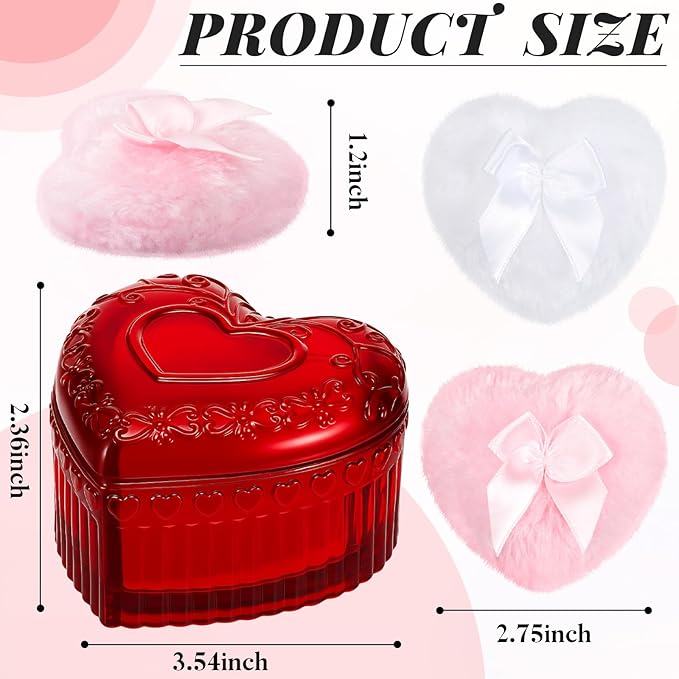 Tioncy 3 Pcs Large Body Powder Puff and Container Valentine's Day gift Powder Container with Puff Crystal Case Soft Washable Reusable Velour Face Body Glitter Wet Dry Makeup(Heart,Red)