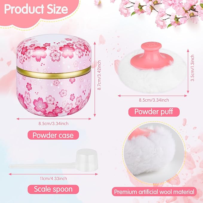 3 Pieces Body Powder Puff and Container, Baby Powder Container Floral Pattern with Large Fluffy Plush Puff Spoon, Baby Woman Loose Dusting Powder Tea Box for Home & Travel Use (Pink, Blue and Yellow)