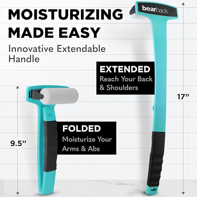 Bearback Lotion Applicator for Back & Body – Premium Long Folding Handle with 6 Rollers – Apply Self-Tanner, Lotion, Medication – American Small Business (Teal)