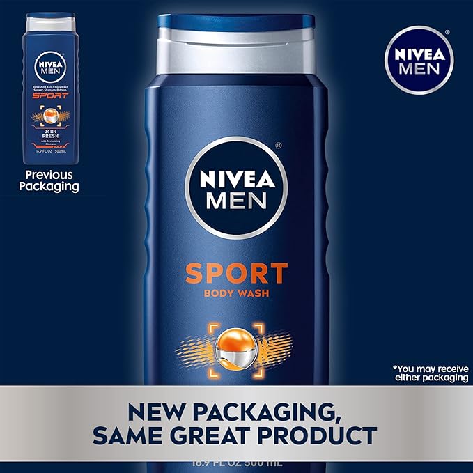 Nivea Men Sport Body Wash with Revitalizing Minerals, 16.9 Fl Oz Bottle (Pack of 2)