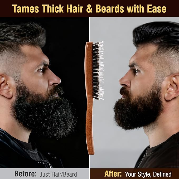 URTHEONE Boar Bristle Beard Brush,Hair Brush for Men,Mens Hair Brush for Thin hair and Beard,Slick Back Hairbrush with Natural Wood Handle, Cleaning Tool & Folding Scissors Included
