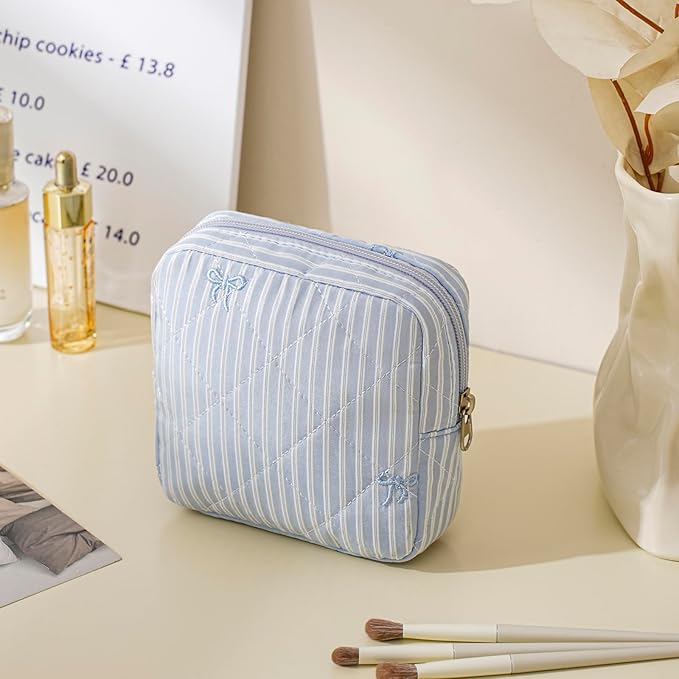 Small Quilted Striped Cosmetic Pouch for Purse, Mini Cotton Makeup Bag with Compartments, Cute Zipper Lipstick Holder for Women (26 Blue Stripes)