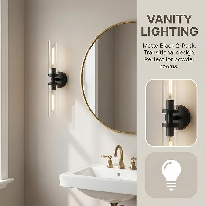 Wall Sconces Set of 2, Hardwired Bathroom Light Fixtures, Modern Bathroom Vanity Wall Lighting with Clear Glass Shade, Farmhouse Wall Sconce for Mirror Bedroom Hallway, Matte Black, E26 Base