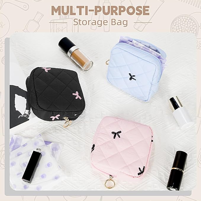 Period Bag for Teen Girls, Quilted Sanitary Napkin Storage Bag, Cute Bow Tie Menstrual Pad Pouch Tampon Holder (Blue)
