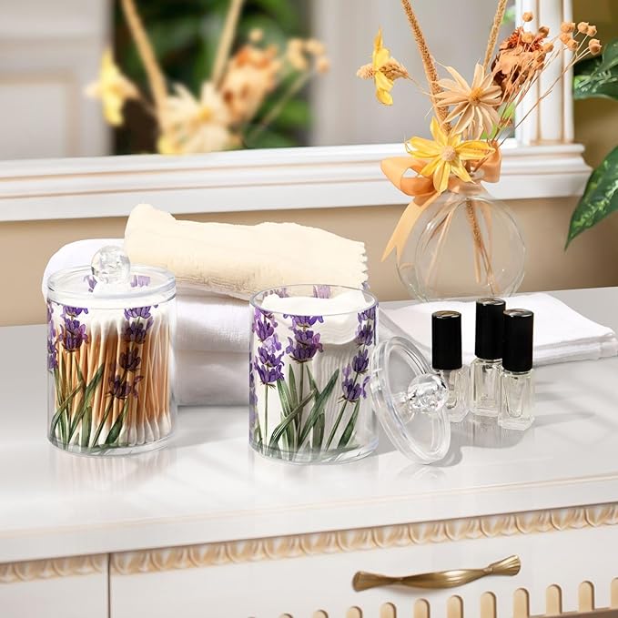 4 Pack Qtip Holder Dispenser Purple Lavender Watercolor Flower Cotton Ball Cotton Swab Round Pads Floss Clear Bathroom Storage Containers Plastic Apothecary