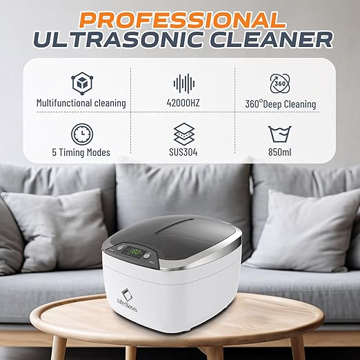 Life Basis Ultrasonic Jewelry Cleaner Ultrasonic Cleaning Machine 850ml (28 Ounces) LCD Screen with 5 Digital Timer Watch Stand CD Holder for Ring Jewelry CD DVD Watches Glasses Makeup Brush