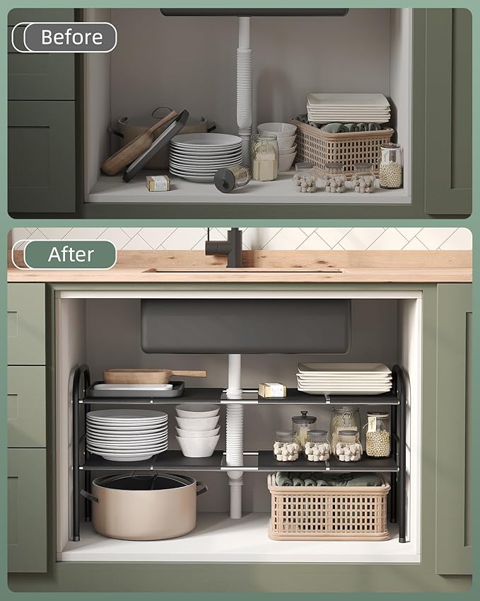NETEL Under Sink Organizers and Storage, 2 Tier Expandable Under Cabinet Organizer Shelf with 8 Removable Panels,Expandable Shelf for Cupboard,Kitchen,Bathroom,Shoe Storage Rack