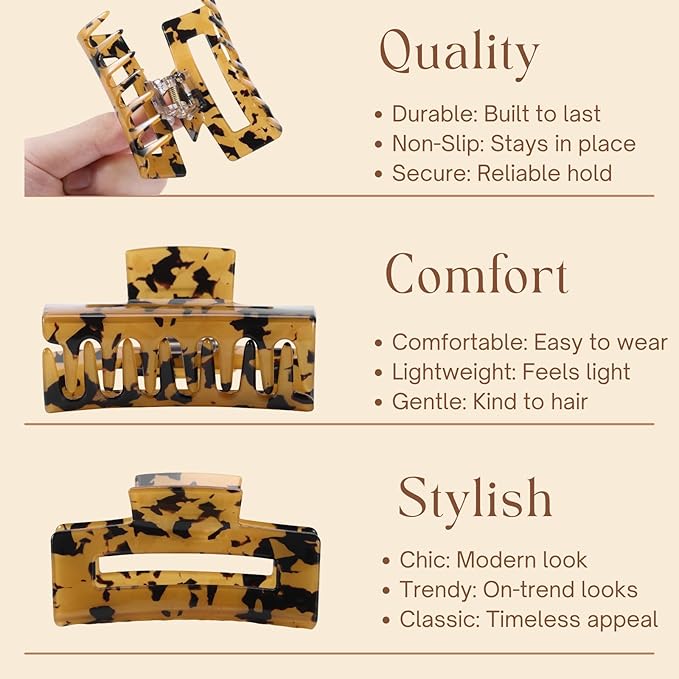 LuSeren 4 Pack 3 Inch Hair Claw Clips for Women, Medium Rectangle Acetate Jaw Clips, Checkered & Tortoise Style, Strong Hold Non-Slip Hair Accessories for Girls