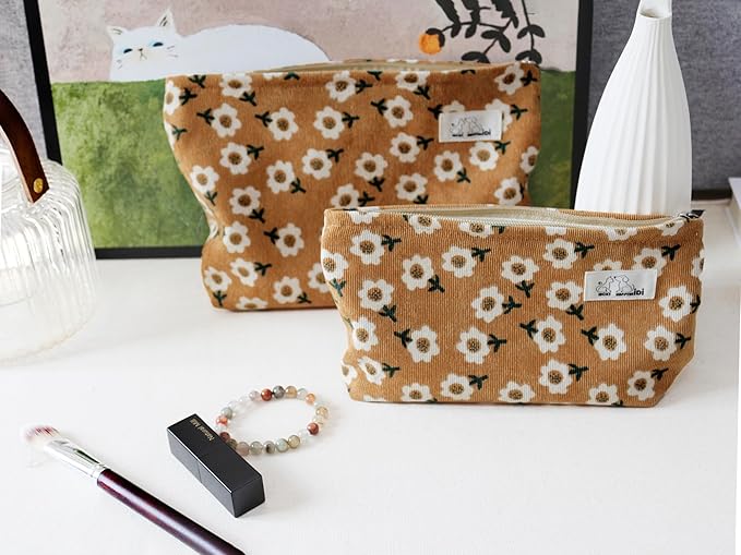 HAPPYHEIDI Floral Makeup Bag Set 3 Cosmetic Toiletry Organizer Zipper Pouch for Purse Tote, Women Girls Gift, Large Medium Small, Kihaki Brown Corduroy