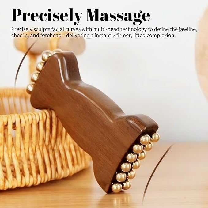 Sandalwood Facial Massage Roller with 20 Brass Beads, Natural Wood Handle Traditional Beauty Care Tool for Jawline, Neck and Face Sculpting, Double Head