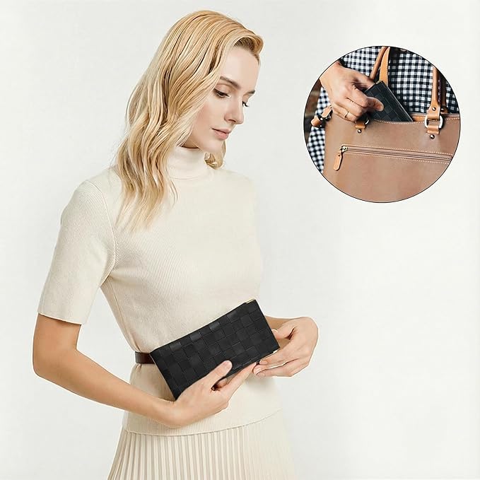 2Pcs Small Makeup Bag for Purse, Mini Checkered Leather Purse Pouches for Purse Small Makeup Pouch Small Coin Purse Organizer Pouches, Portable No Zipper Pocket Cosmetic Bag for Women (Black)