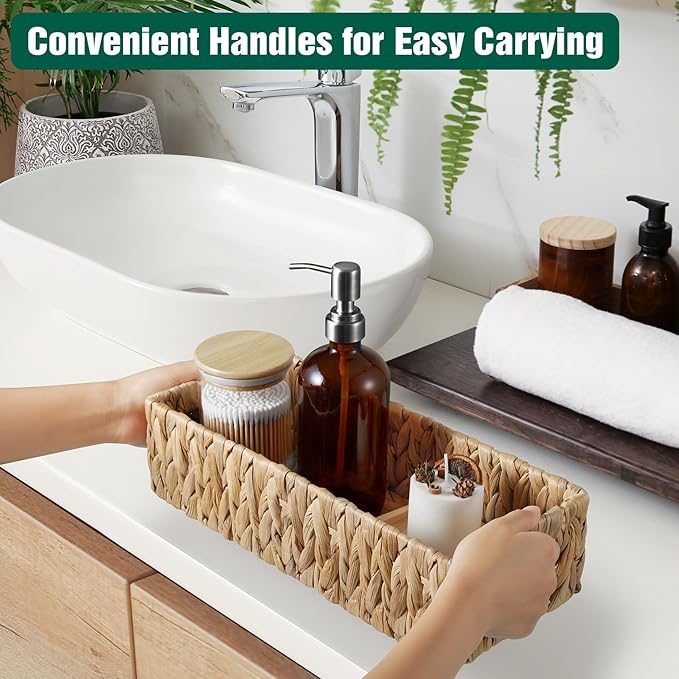 dreamkey Nesting Wicker Storage Baskets for Organizing with Handles - Small HandWoven Water Hyacinth Toilet Paper Basket for Back of Toilet Tank Top - Storage Baskets for Coutertop Organizer, 2 Pack