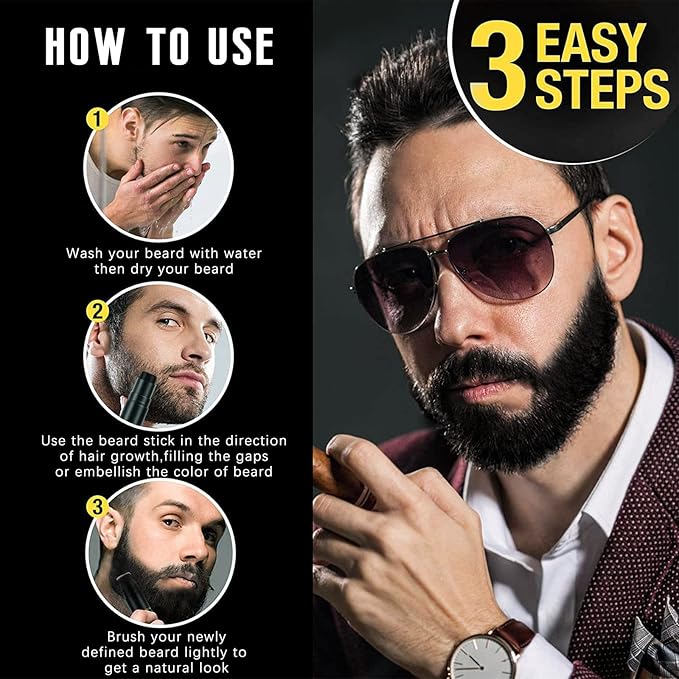 NewBang Beard Filler, 2-in-1 Filling Stick and Brush for Men, Waterproof Long-Lasting Natural Finish, Enhances Facial Hair and Moustache Makeup - Black